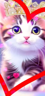 Adorable kitten wallpaper with a crown and vibrant colors for mobile screens.