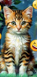 Cute kitten with colorful emojis in an artistic wallpaper design.