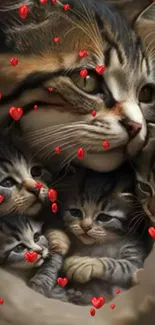 A mother cat with kittens surrounded by red hearts creates a warm family scene.