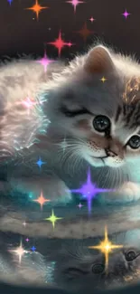 Adorable fantasy kitten glowing on water reflection.