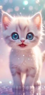 Fantasy wallpaper of a cute, big-eyed kitten with a magical background.