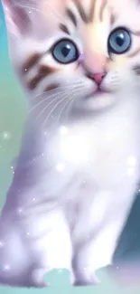 Cute kitten with blue eyes amid magical lights in a fantasy setting.