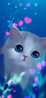 Cute white kitten with hearts, on a blue fantasy background.