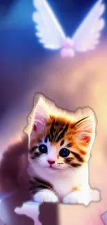 Cute kitten with angelic wings in fantasy setting wallpaper.