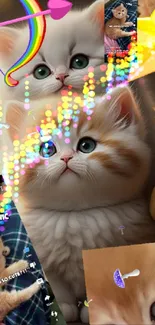 Cute kittens with magical fantasy elements in vibrant wallpaper.