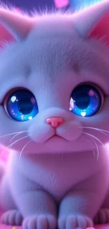 Cute fluffy kitten with sparkly blue eyes on a pink background.