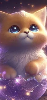 Adorable fantasy kitten with glowing bubbles in a magical setting.