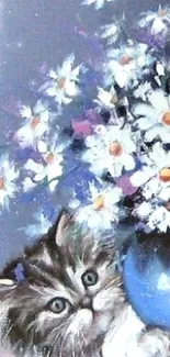 Kitten and daisies in blue vase with floral background art.