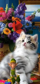 A cute kitten with colorful flowers and a small fantasy character.