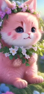 Cute kitten with floral crown in a pink and green garden setting.