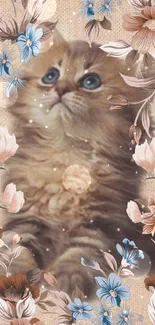 Cute kitten amidst vintage floral patterns on a beige background.