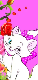 Cute cartoon kitten with pink floral design on a mobile wallpaper.