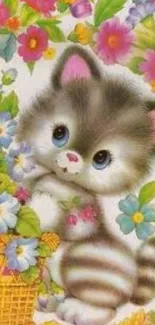 Cute kitten with flowers in vibrant colors wallpaper.