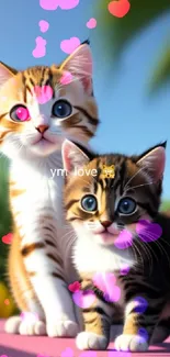 Cute kittens with yellow flowers and blue sky background.