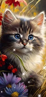 Fluffy kitten with blue eyes surrounded by wildflowers on a mobile wallpaper.