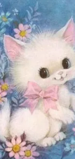 Cute kitten with pink bow and flowers on a blue background.