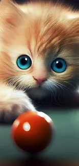 Adorable kitten with blue eyes playing with a red ball.