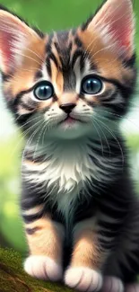 Cute kitten with big eyes in a lush green forest setting.