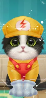 Adorable kitten in a colorful game room.