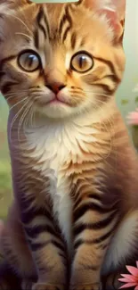 Cute kitten sitting in a flower garden with soft lighting.