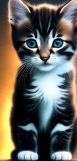 Adorable kitten with glowing fur and blue eyes on a mobile wallpaper backdrop.