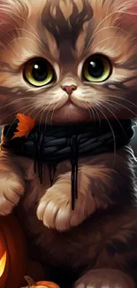 Adorable fluffy kitten with pumpkins in a Halloween-themed mobile wallpaper.