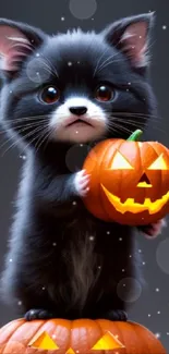 Adorable black kitten with pumpkins on a Halloween-themed wallpaper.