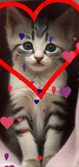 Cute kitten with heart overlay and colorful accents.