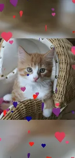 Ginger kitten in wicker basket with heart decorations.