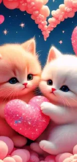 Two cute kittens holding a pink heart surrounded by fluffy clouds.