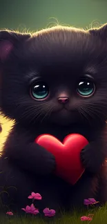 Cute black kitten holding a red heart.