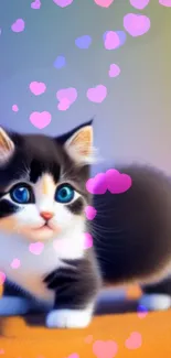 Cute kitten with pink hearts on gradient background.