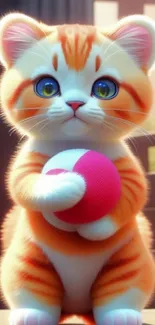 Adorable cartoon kitten holding a ball.