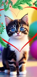 Cute kitten in a heart frame with festive holiday decor.