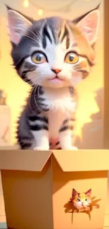 Cute kitten sitting in a cardboard box with soft lighting.