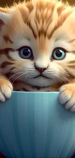 Adorable kitten with blue eyes in a cup.