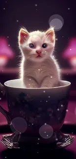 Cute kitten in a floral teacup with lavender lighting, perfect for wallpaper.