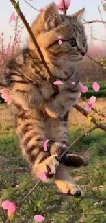 Cute kitten holding onto a blooming branch in a garden.