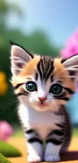 Cute kitten in vibrant garden setting with bright flowers.