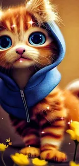 Adorable kitten in blue hoodie with yellow flowers.