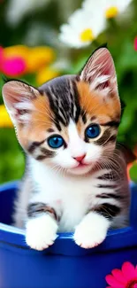 Cute kitten with blue eyes in a colorful garden.