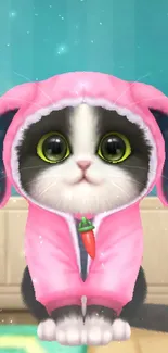 Adorable kitten in pink bunny hoodie sitting on a teal striped background.