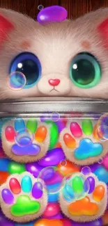 Adorable kitten surrounded by colorful candy jars in a digital art wallpaper.