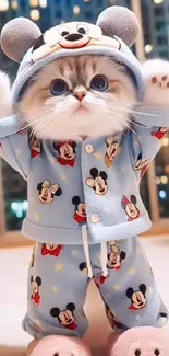 Cute kitten in blue cartoon pajamas stands playfully indoors.