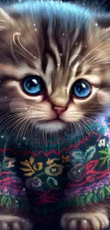 Cute kitten with bright blue eyes in a colorful sweater.