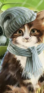 Adorable kitten with hat and scarf on a green backdrop.