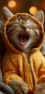 Adorable yawning kitten in a yellow hoodie