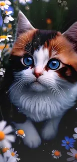 Cute kitten with blue eyes surrounded by daisies.