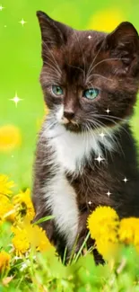 Cute kitten sitting among yellow dandelions in a green field.