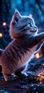 Cute kitten with glowing eyes in a magical forest setting, surrounded by lights.